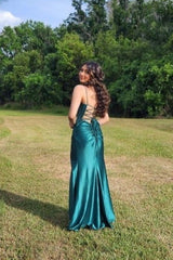 Designer Long Dark Green Sleeveless Spaghetti Straps Prom Dresses With Slit-misshow.com