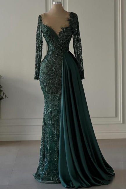 Designer Long Dark Green V-neck Lace Mermaid Prom Dresses with Long Sleeves