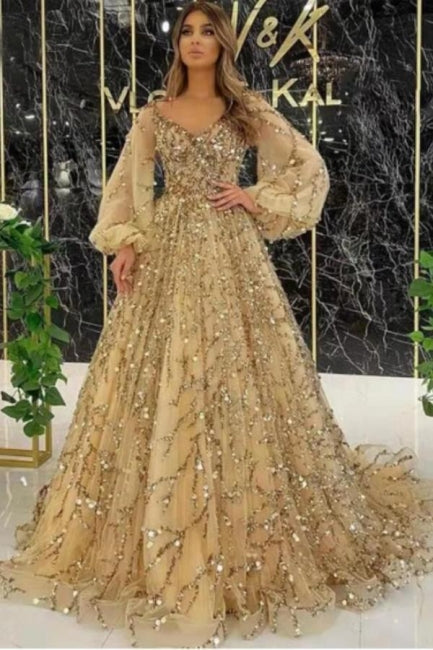 Designer Long Gold A-line Lace Sequined Long Sleeves Evening Dresses With Glitter-misshow.com