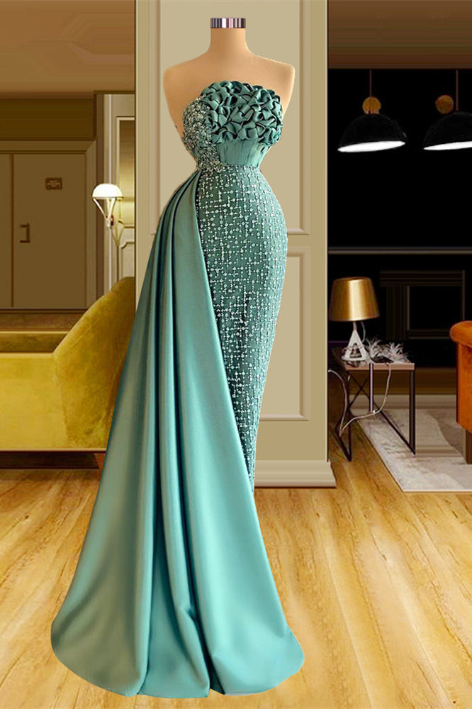 Designer Long Green Mermaid Sleeveless Beading Prom Dress With Ruffles-misshow.com