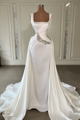 Designer Long Ivory A-line Straps Jewels Sleeveless Wedding Dress With Train