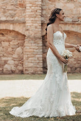 Designer Long Ivory Mermaid Strapless Lace Wedding Dress with Train