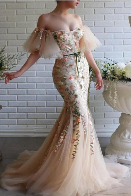 Designer Long Mermaid Off-the-shoulder Tulle Lace Prom Dress with Flowers