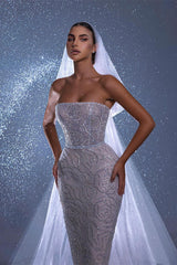 Designer Long Mermaid Sleeveless Lace Wedding Dress With Train-misshow.com