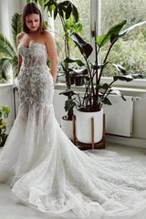 Designer Long Mermaid Strapless Lace Sequined Wedding Dress with Train