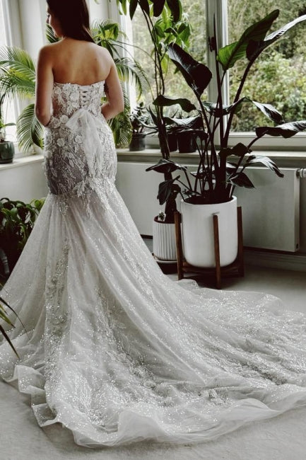 Designer Long Mermaid Strapless Lace Sequined Wedding Dress with Train