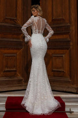 Designer Long Mermaid V-neck Lace Wedding Dresses With Long Sleeves-misshow.com