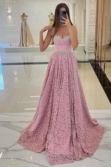 Designer Long Pink Spaghetti Straps Evening Dresses With Lace-misshow.com