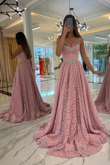 Designer Long Pink Spaghetti Straps Evening Dresses With Lace-misshow.com