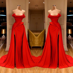 Designer Long Red A-line Sleeveless Satin Sexy Prom Dress With Slit-misshow.com