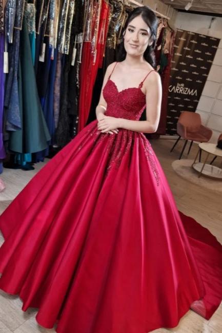 Designer Long Red A-line Spaghetti Straps Lace Princess Wedding Dress