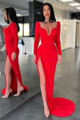 Designer Long Sexy Red Long Sleeves Prom Dress With Slit-misshow.com