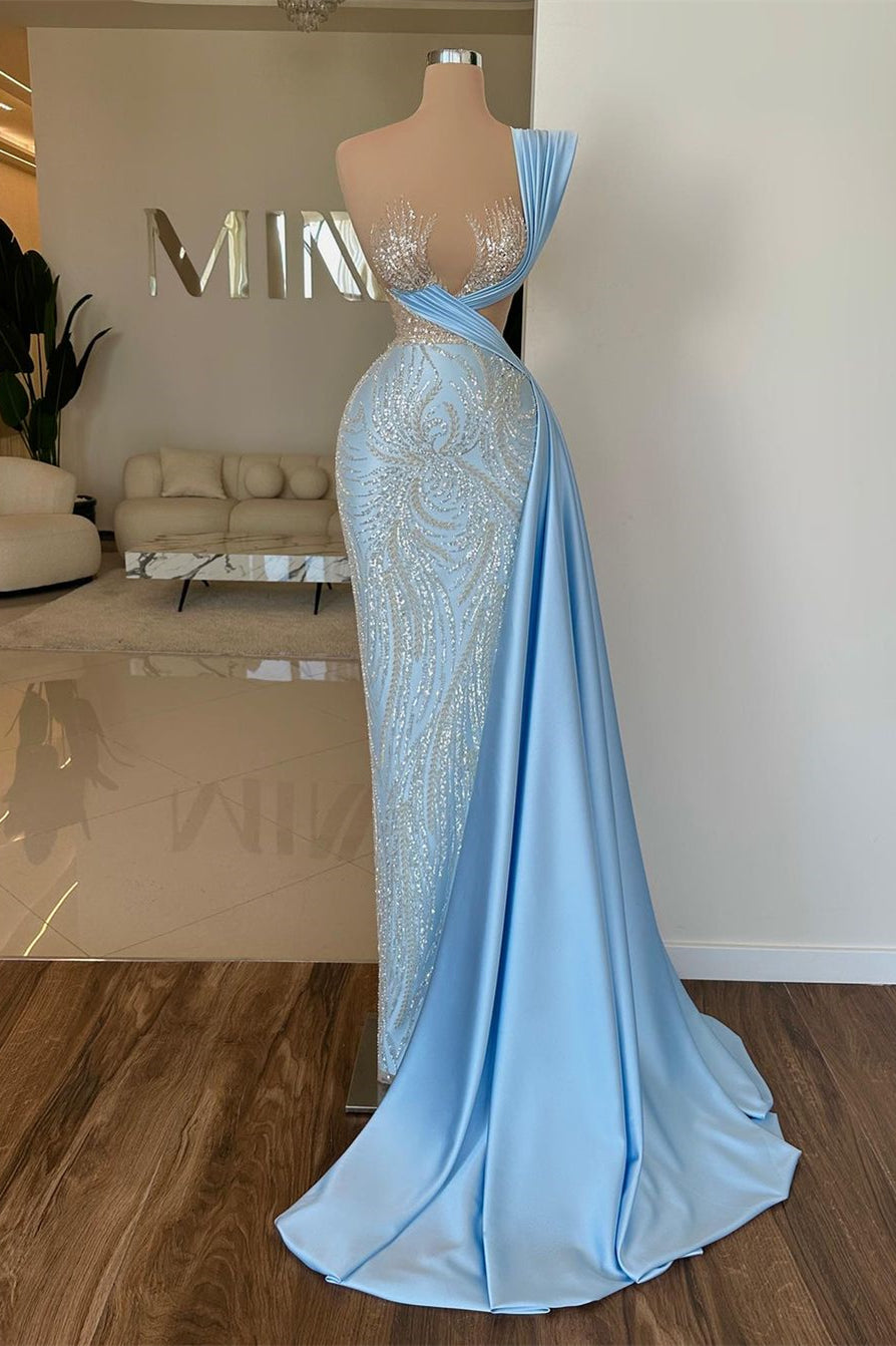 Designer Long Sky Blue One Shoulder Sequined Prom Dress With Lace