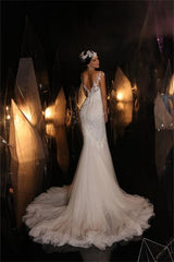 Designer Long V-neck Mermaid Lace Appliques Sleeveless Wedding Dresses-misshow.com