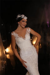 Designer Long V-neck Mermaid Lace Appliques Sleeveless Wedding Dresses-misshow.com