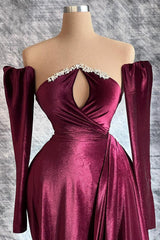 Designer Long Velvet Sequined Long Sleeves Prom Dress With Train-misshow.com