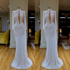 Designer Long White High Neck Long Sleeves Mermaid Sequined Prom Dress-misshow.com