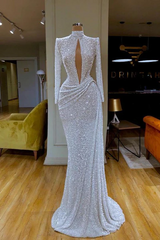 Designer Long White High Neck Long Sleeves Mermaid Sequined Prom Dress-misshow.com