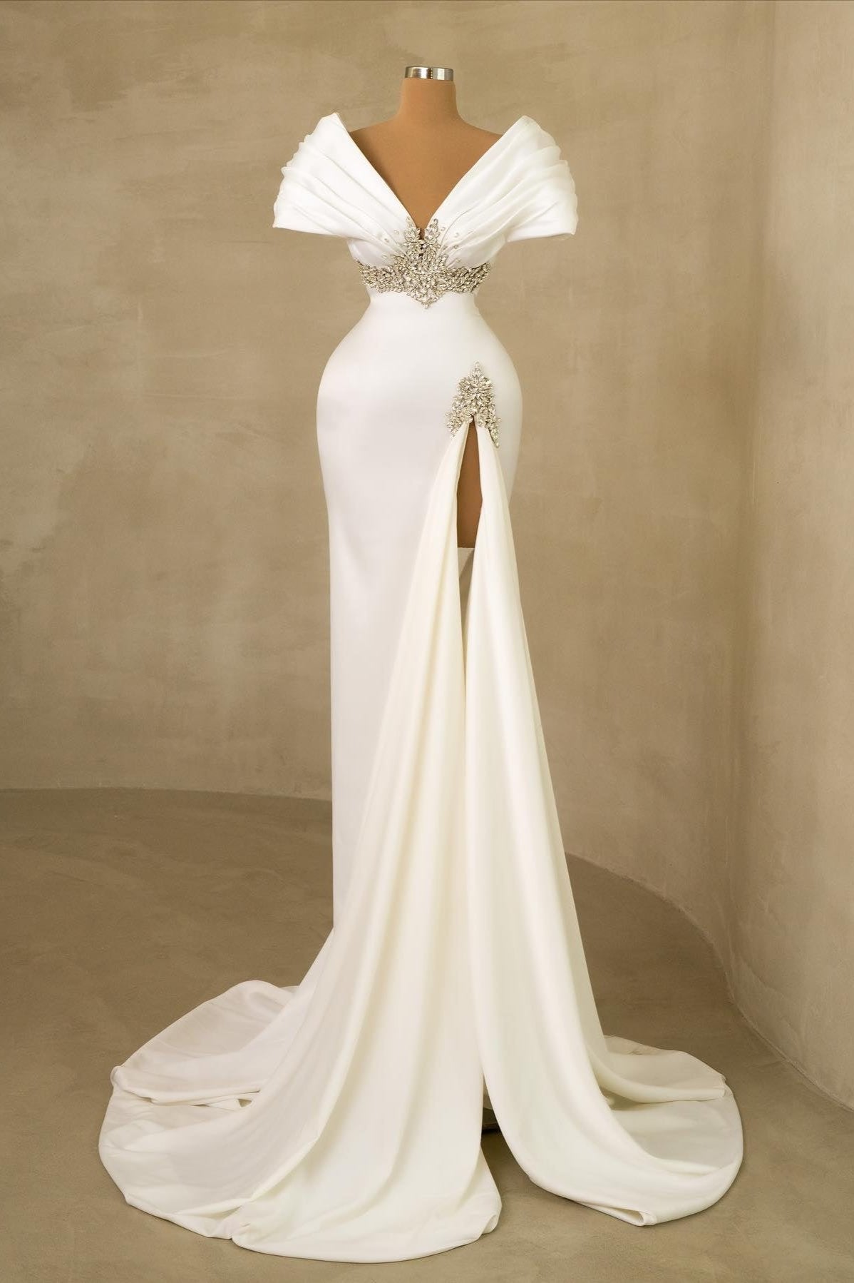 Designer Long White Mermaid Off-the-shoulder Jewels Wedding Dress with Slit