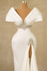 Designer Long White Mermaid Off-the-shoulder Jewels Wedding Dress with Slit