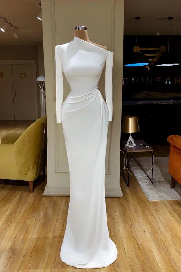 Designer Long White Mermaid One Shoulder Prom Dress With Long Sleeves-misshow.com