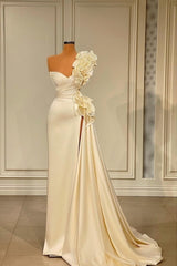 Designer Long White One Shoulder Ruffles Split Wedding Dress With Glitter-misshow.com