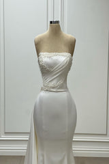 Designer Mermaid Satin Strapless Sleeveless Ivory Wedding Dress With Beading