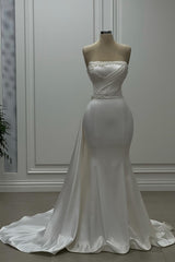 Designer Mermaid Satin Strapless Sleeveless Ivory Wedding Dress With Beading