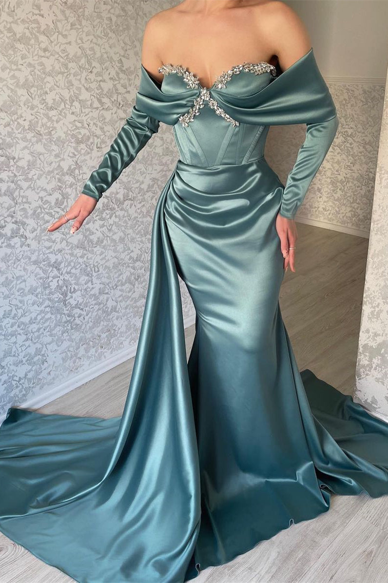 Designer Off-the-shoulder Long Sleeves Glitter Mermaid Prom Dress With Glitter-misshow.com