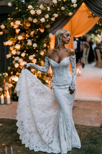 Designer Off-the-shoulder Long Sleeves Mermaid Wedding Dresses With Lace-misshow.com