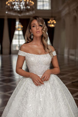 Designer Princess Long White Off-the-shoulder Glitter A-line Wedding Dresses-misshow.com