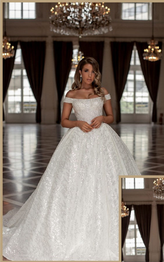 Designer Princess Long White Off-the-shoulder Glitter A-line Wedding Dresses-misshow.com