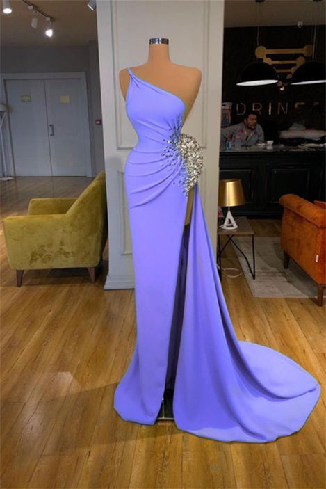 Designer Purple One Shoulder Beading Sleeveless Prom Dress With Slit-misshow.com