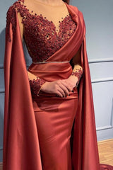 Designer Red Long Mermiad V-neck Lace Evening Dresses With Sleeves-misshow.com