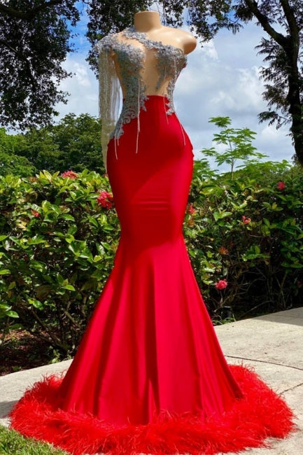 Designer Ruby Tassel Asymmetrical One Shoulder Satin Mermaid Prom Dress with Ruffles-misshow.com