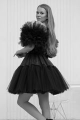 Designer Short Black Off-the-shoulder Tulle Glitter Homecoming Dresses