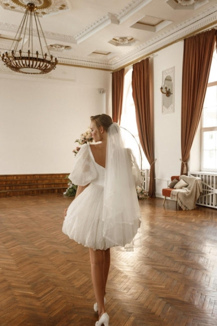 Designer Short White Off-the-shoulder Tulle Glitter Wedding Dress with Sleeves