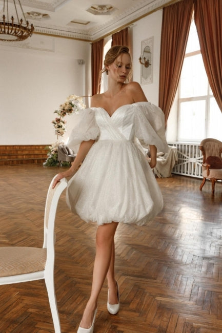 Designer Short White Off-the-shoulder Tulle Glitter Wedding Dress with Sleeves