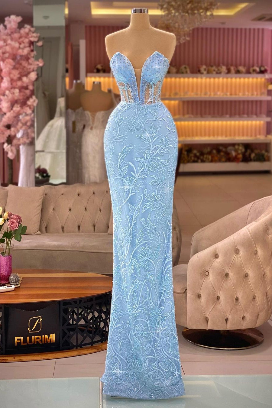 Designer Sky Blue V-neck Sleeveless Mermaid Prom Dress With Lace-misshow.com