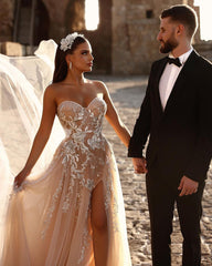 Designer Sweetheart Long A-line Glitter Lace Wedding Dress With Slit-misshow.com