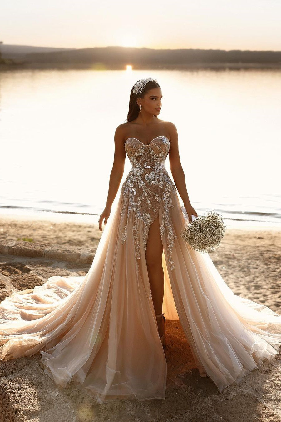 Designer Sweetheart Long A-line Glitter Lace Wedding Dress With Slit-misshow.com