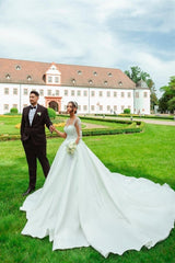 Designer Sweetheart Long White Satin Lace Wedding Dresses With Long Sleeves-misshow.com