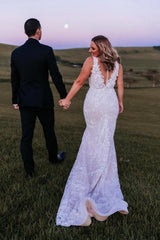 Designer V-Neck Sleeveless Mermaid Wedding Dresses With Lace-misshow.com