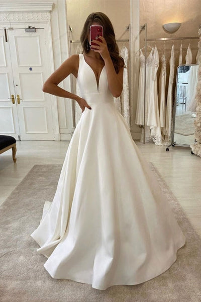 Designer wedding dress V neckline Wedding Dress A-Line – misshow.com