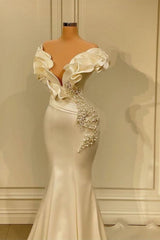 Designer White Long Pearl Ruffle Evening Dresses-misshow.com