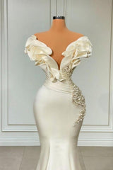 Designer White Long Pearl Ruffle Evening Dresses-misshow.com