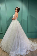 Dignified Transparent Lace One Shoulder Long Ball Gown Wedding Dresses-misshow.com