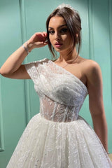 Dignified Transparent Lace One Shoulder Long Ball Gown Wedding Dresses-misshow.com