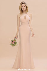 Dreamful Halter Slim Mermaid Bridesmaid Dress Floor Length Party Dress-misshow.com