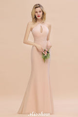 Dreamful Halter Slim Mermaid Bridesmaid Dress Floor Length Party Dress-misshow.com